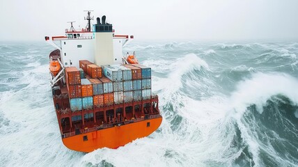 Cargo ship navigating through rough seas with towering waves, Maritime shipping, ocean journey