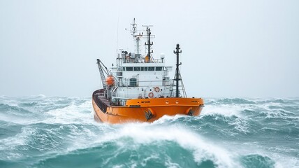 Fototapeta premium Cargo ship navigating through rough seas with towering waves, Maritime shipping, ocean journey