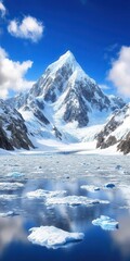 Obraz premium Stunning snow-covered mountain peaks reflected in a serene icy lake under a clear blue sky.