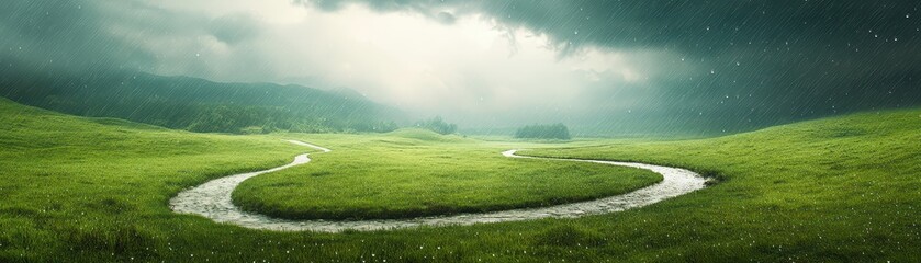 Stormy sky, raindrops falling, winding rivulet,  Rich jewel tones, Humorous, Timeless Adventure