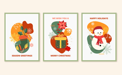Modern Merry Christmas greeting cards set with snowman, candy canes, poinsettia flowers, gift box. Christmas wall art