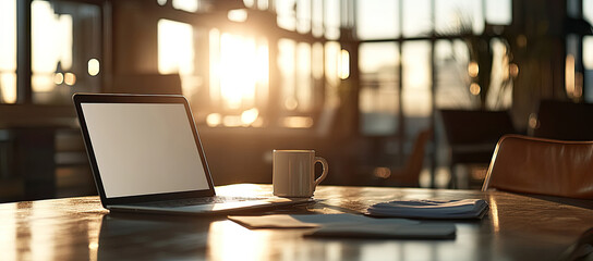 3D rendering of a laptop with a blank screen mockup on the table in a modern office interior. Created with Ai