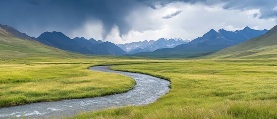Stormy scene, rivulet winding through mountains,  Rich jewel tones, Humorous, Timeless Adventure