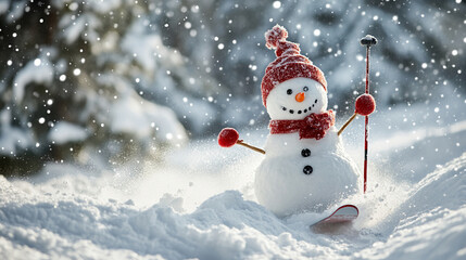 Fototapeta premium Winter holiday background banner cute snowman Merry christmas and happy new year