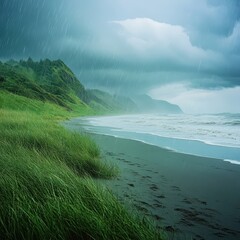 Heavy rain, wind-swept beach,  Rich jewel tones, Humorous, Timeless Adventure