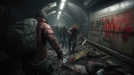 A group of zombies are running through a subway tunnel