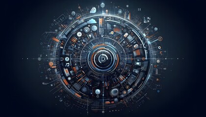 Creative digital tech circle on dark backdrop. Big data and technology concept. 3D Rendering