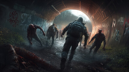 A group of survivors running through a tunnel, with zombies closing in from both sides. The tunnel is dimly lit, with graffiti on the walls and debris scattered across the ground.