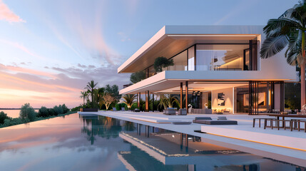Obraz premium Luxury home with modern pool at sunrise, contemporary villa architecture, resort style hotel with beautiful interior and exterior design, backyard view
