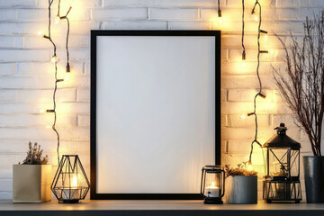 An empty vertical rectangular frame mockup, placed on a white brick wall with hanging lights and plants, candles around the picture frame, against a white background. Created with Ai