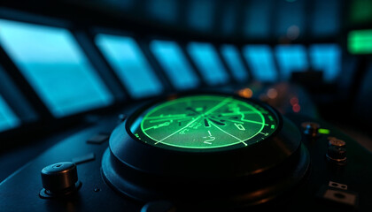 An advanced maritime radar screen glows in the dim ship's bridge, highlighting precision tech.







