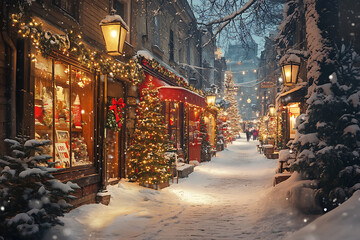 Naklejka premium A charming Christmas street scene with snow-covered streets, festive decorations on the windows of cozy shops