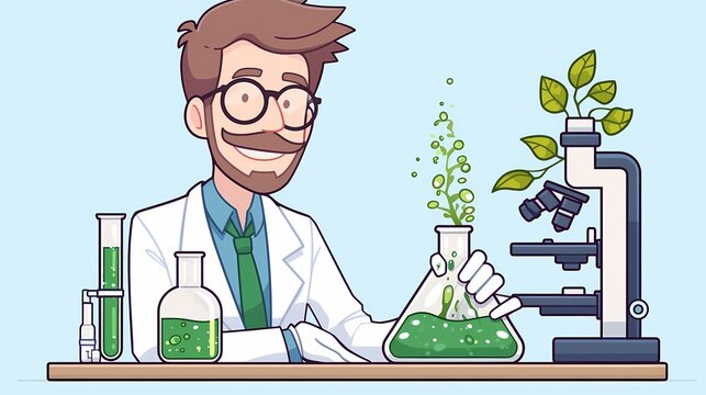 Scientist in lab with test tubes, microscope, and chemical formulas