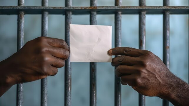 Close-up of a prisoner s hands passing a note through the bars, Communication in jail, secret exchange