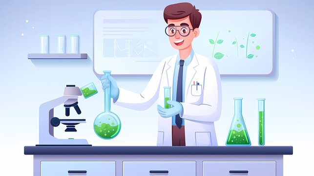 Scientist near lab table with microscope and chemical formulas - Powered by Adobe