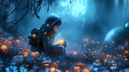 2D illustration of boy in spacesuit exploring a colorful cosmic backdrop