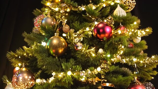 The camera circles around a large Christmas tree decorated with a variety of ornaments and lights

.