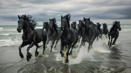 Black horses are running powerfully through the surf at the shoreline, with waves splashing around them.