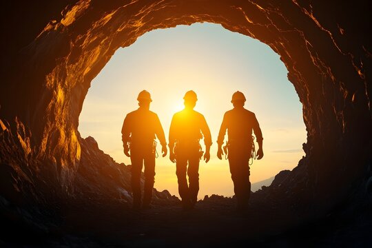 Silhouetted Coal Miners Exiting Mine Shaft After Shift Showcasing Hard Work,Tradition,and Industrial Energy. A group of coal miners walking out of a mine shaft after a long shift.