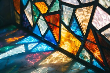 A sunlit stained glass mosaic with colorful geometric patterns, casting vibrant reflections and creating a captivating play of light and color.