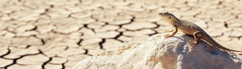 Fototapeta premium A solitary lizard on a scorching desert rock, heatwaves radiating from the ground, barren and dry landscape, intense heatwave imagery