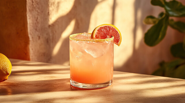 Spicy Paloma drink in modern off-white minimalist trendy stylish vegan plant-based cafe bar setting with stucco concrete wall, product photography, outdoors, sunny, beverage, bright, shadow play