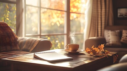 Thanksgiving scene, cozy living room with a large window, soft morning light, a blank notepad on a coffee table, surrounded by autumnal decor and a steaming cup of coffee, warm tones, peaceful and