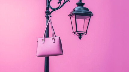 Designer handbag hanging from a vintage street lamp