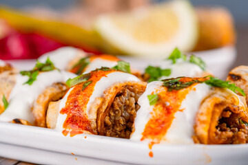 Turkish traditional street food tantuni wrap. Delicious Turkish kebab