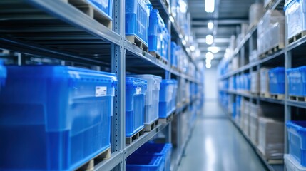 Fototapeta premium Warehouse Rows with Blue Storage Bins