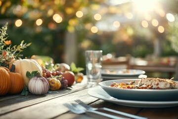 Thanksgiving table setting outdoors with pumpkins and candles. Autumn home decoration