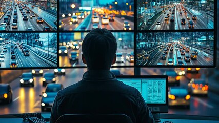 Security operator monitoring multiple traffic camera feeds in control room, cityscape views on screens showing busy streets and highways at night, surveillance and urban management concept - Powered by Adobe