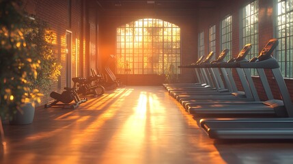 rows of gym equipment like treadmills and stationary bikes lined up, with the morning sun casting a soft glow across the space. Realistic photography emphasizes the serene, inviting environment,