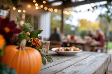 Family having a meal outdoors, table setting with pumpkins and autumn decoration