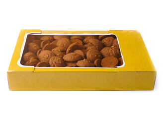 Cardboard box full of chocolate chip cookies isolated on white background