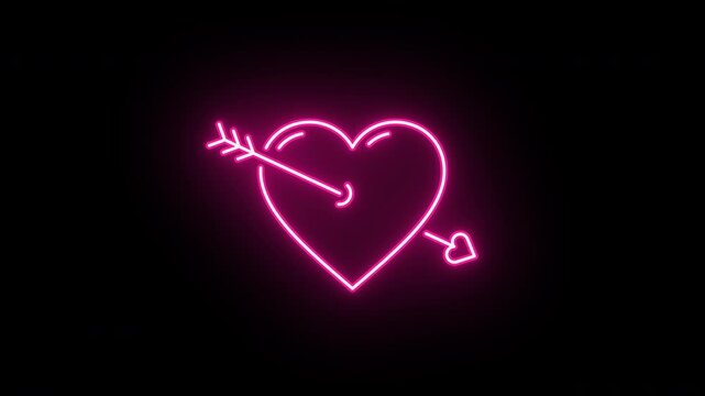 Neon heart animation, flickering emergence and fading. Glowing neon heart icon with cupid arrow, looped animation. Sweet love and passion, romantic date, amore, love feeling. Red, pink, purple colors