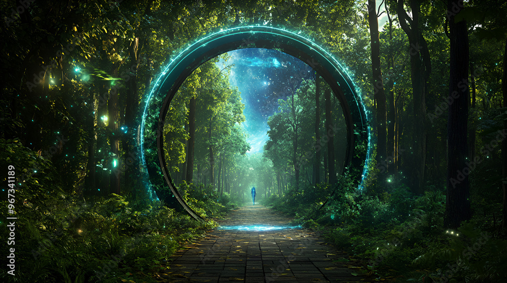 Wall mural exploring nature gate teleport portal in forest walking into a parallel universe for interstellar tr