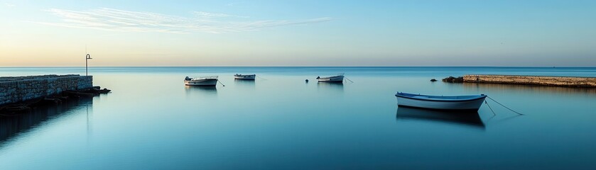 Fototapeta premium Ocean breeze carrying salty air over a quiet harbor, boats bobbing gently, the distant horizon calm and peaceful, capturing a gentle coastal moment