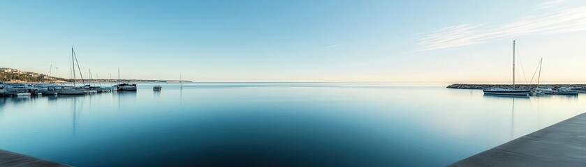 Obraz premium Ocean breeze carrying salty air over a quiet harbor, boats bobbing gently, the distant horizon calm and peaceful, capturing a gentle coastal moment