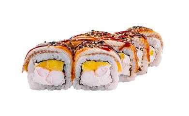 Sushi rolls with smoked eel, mango, cream cheese, sesame seeds lying on white background