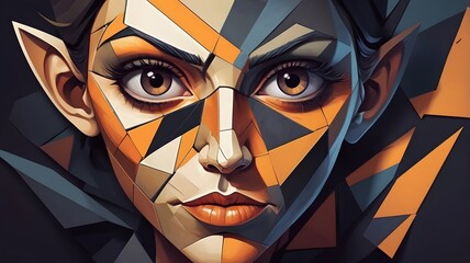 Halloween cubist portrait, fractured face, spooky expression perfect for Halloween