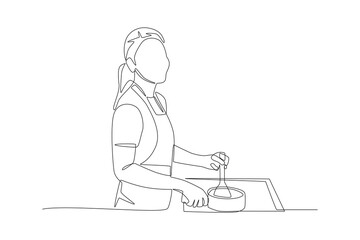 Woman cooking. Doing house chores concept one-line drawing
