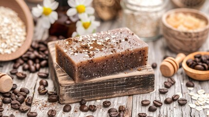 Fototapeta premium Handmade coffee soap on a wooden soap dish with coffee beans. Organic skincare and zero waste concept