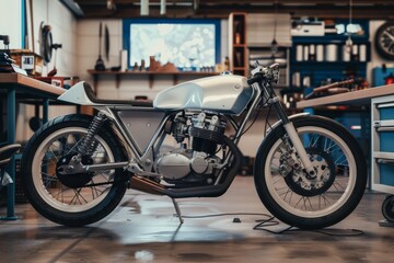 A sleek, modern motorcycle displayed in a workshop setting filled with tools and equipment, epitomizing craftsmanship and dedication.