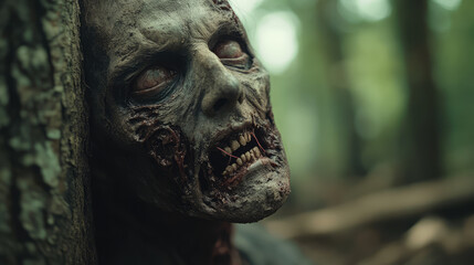 Decaying zombie face with broken teeth, empty eye sockets, and worms crawling from its mouth. Set against a haunted forest.