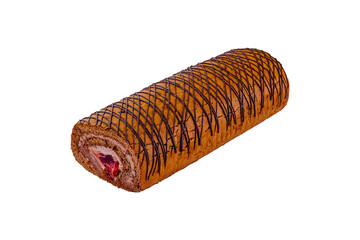 Delicious chocolate swiss roll cake covered with chocolate drizzle isolated on white background