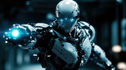 Naklejka premium Futuristic Robot with a Glowing Weapon