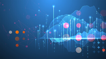 Big Data. Abstract digital futuristic wireframe vector illustration on technology background. Data mining and management concept. Hand drawn art.