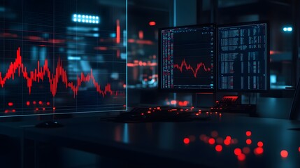 Dimly lit trading office with partially visible stock charts, darkened room and flickering lights, red stock graphs and a stressed atmosphere, urgent and anxious mood