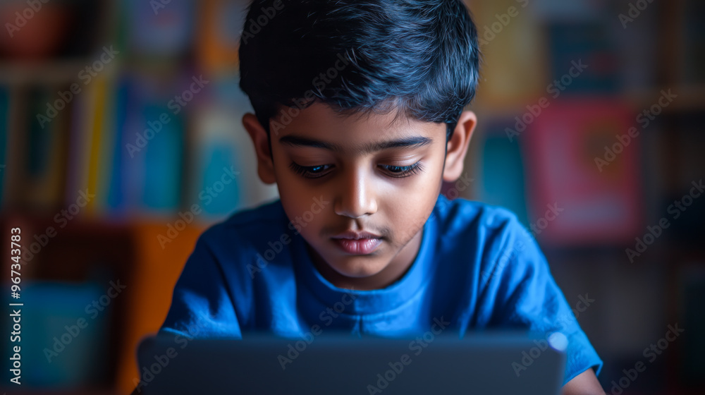 Wall mural indian boy solving math problems on a tablet